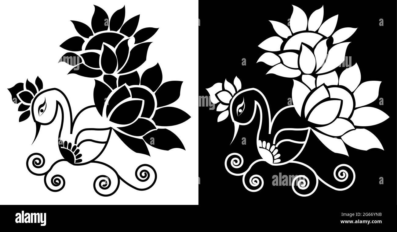 Beaux paons avec des plumes florales isolées sur fond noir et blanc - illustration vectorielle Illustration de Vecteur