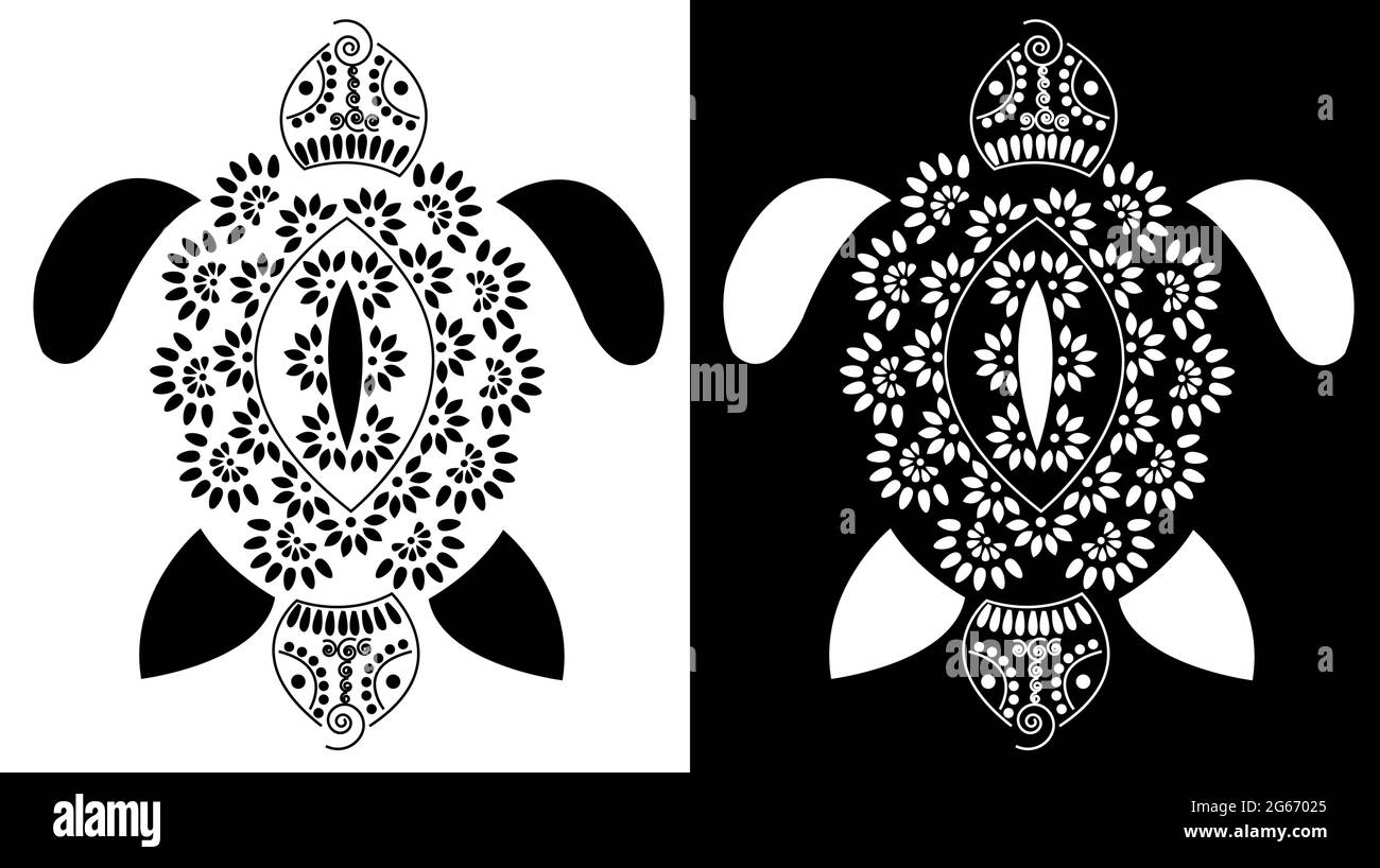 Le concept de rangoli de fleurs et pétales disposés comme tortue est en noir et blanc fond Illustration de Vecteur