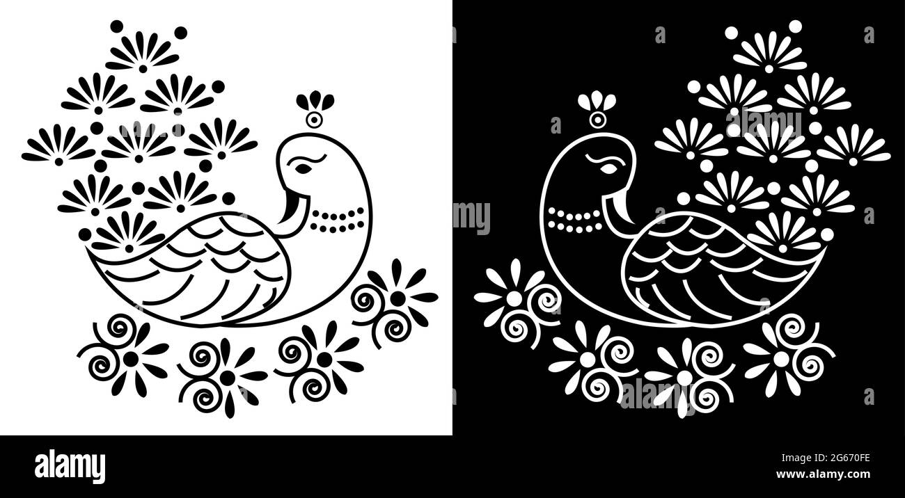 Beaux paons avec des plumes florales isolées sur fond noir et blanc - illustration vectorielle Illustration de Vecteur