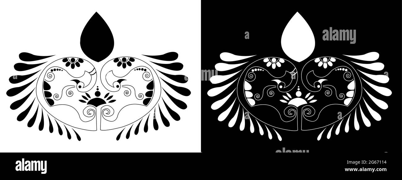 Beaux paons avec des plumes florales isolées sur fond noir et blanc - illustration vectorielle Illustration de Vecteur