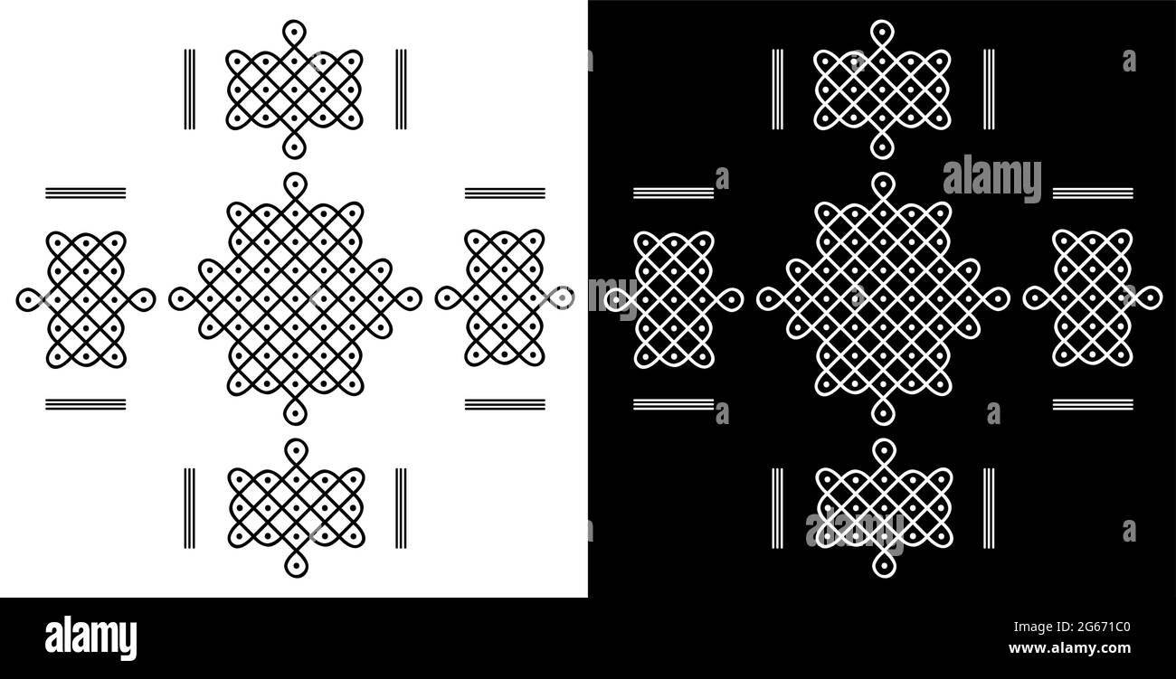 Style indien traditionnel et culturel Rangoli ou Kolam concept de lignes courbes et de points isolés sur fond noir et blanc Illustration de Vecteur