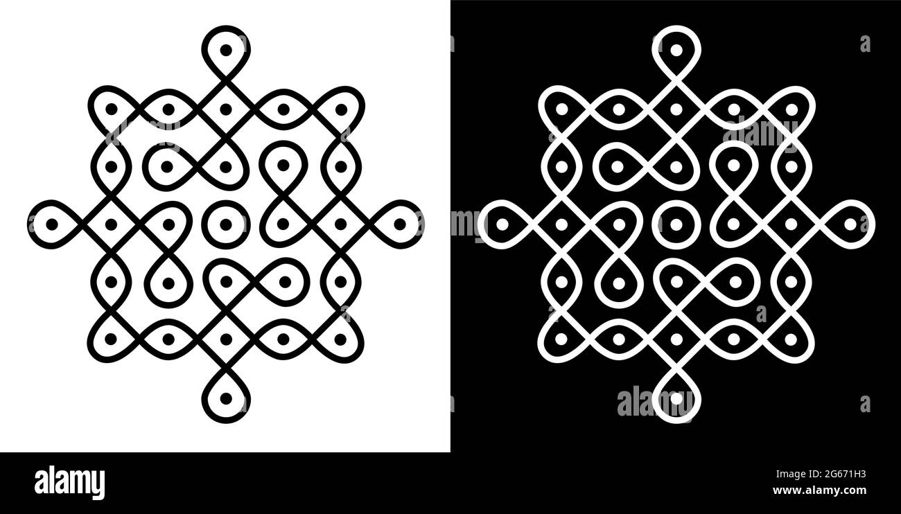 Style indien traditionnel et culturel Rangoli ou Kolam concept de lignes courbes et de points isolés sur fond noir et blanc Illustration de Vecteur