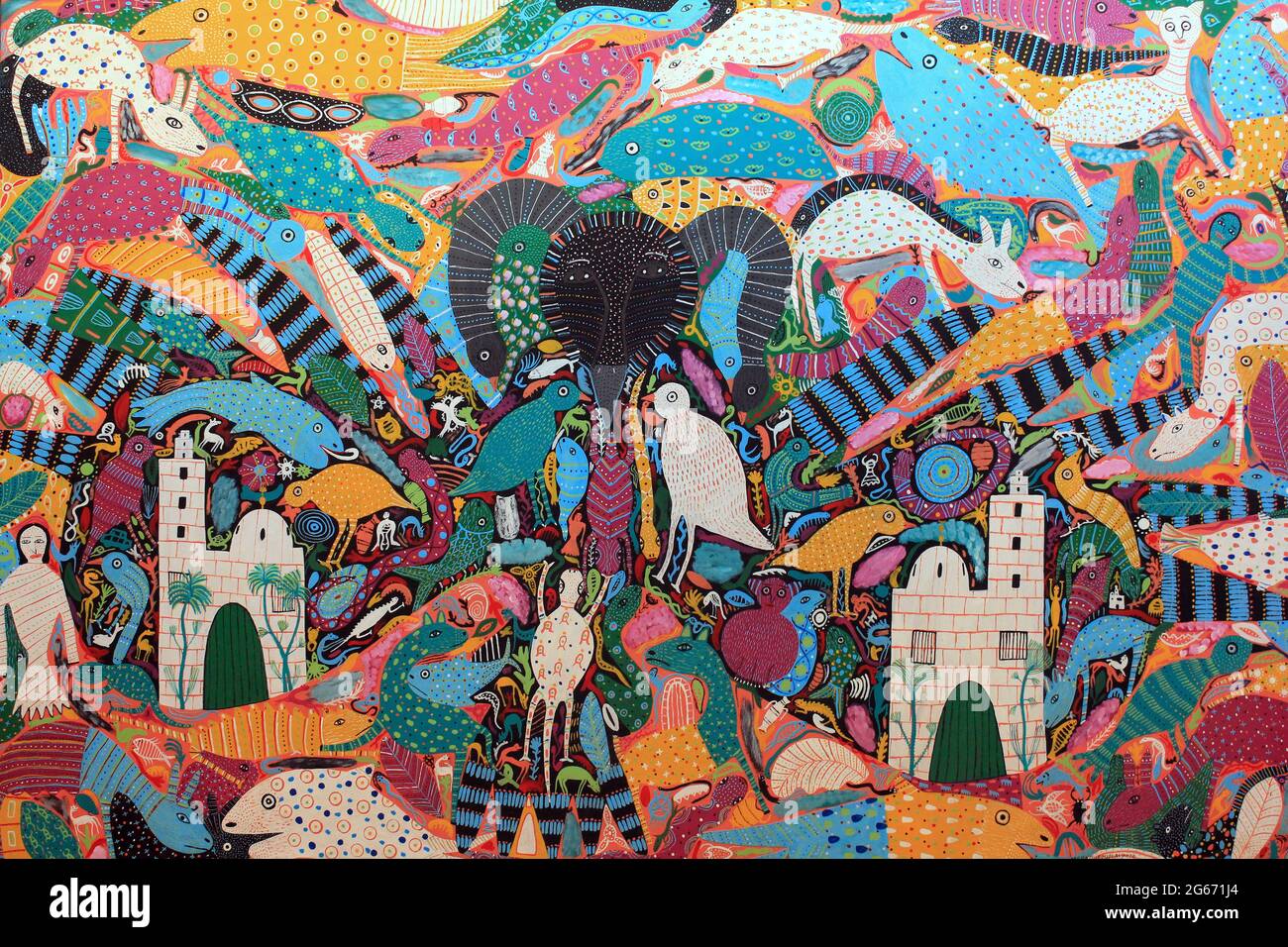 Style colorés de la peinture abstraite par des artistes populaires d'Essaouira, Maroc Banque D'Images