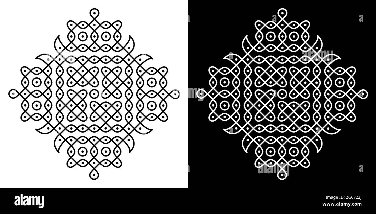 Style indien traditionnel et culturel Rangoli ou Kolam concept de lignes courbes et de points isolés sur fond noir et blanc Illustration de Vecteur