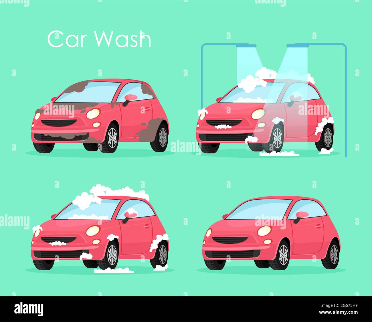 Illustration vectorielle du concept de lavage de voiture. Service de traitement de voiture de lavage, voiture rouge dans le savon et l'eau sur fond vert dans le style de dessin animé plat. Illustration de Vecteur