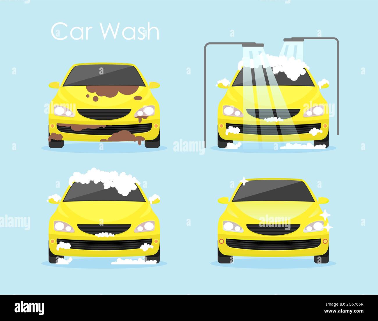 Illustration vectorielle du concept de lavage de voiture. Voiture jaune colorée est nettoyage étape par étape sur fond bleu dans le style de dessin animé plat. Illustration de Vecteur
