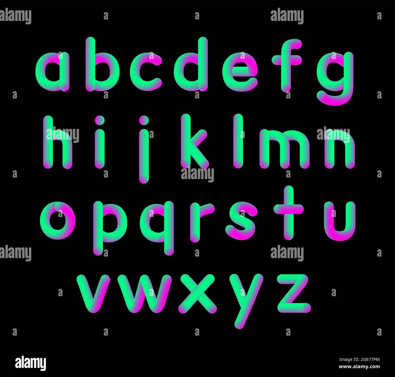 Illustration vectorielle de couleur vive rose et vert souple fluo 3D police petites lettres. Alphabet isolé sur fond blanc liquide mat Illustration de Vecteur