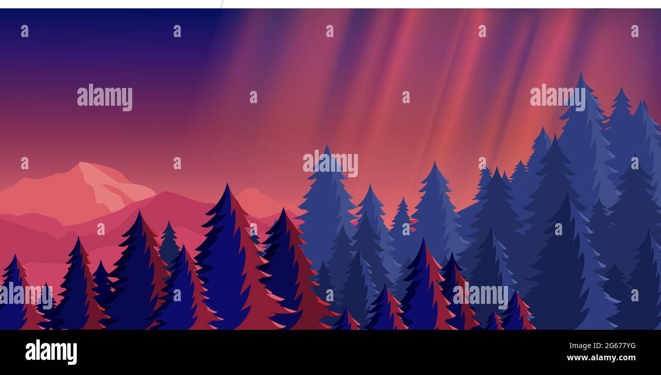 Illustration vectorielle du paysage de montagne du ciel de nuit lumineuse avec des lumières du nord dans les couleurs rose et bleu. Alpinisme concept, voyager, explorer Illustration de Vecteur