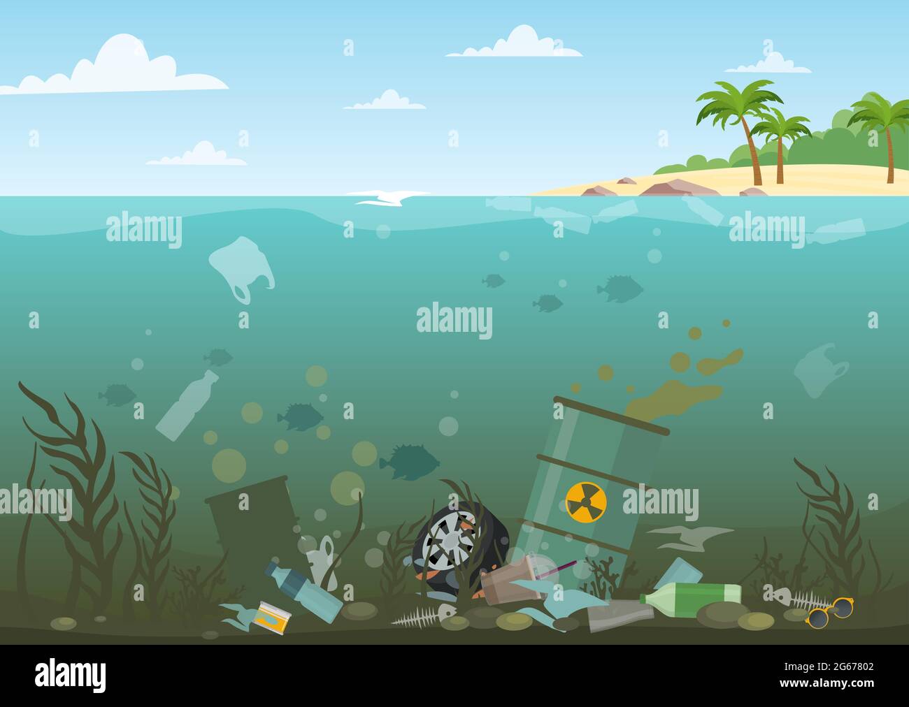 Illustration vectorielle de l'eau de mer pleine de déchets dangereux au ...