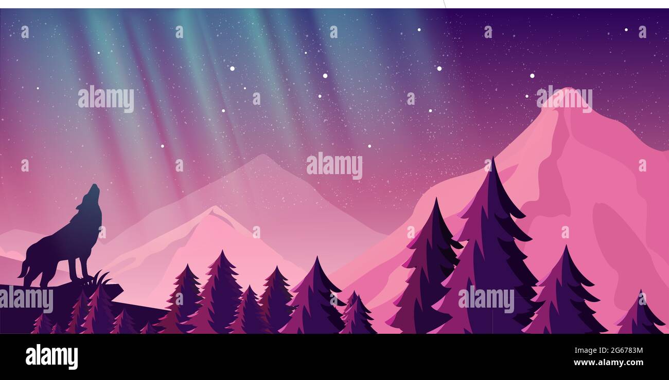 Illustration vectorielle de belles lumières du nord dans le ciel nocturne au-dessus des montagnes. Vue sur la forêt, le loup dans les montagnes. Illustration de Vecteur