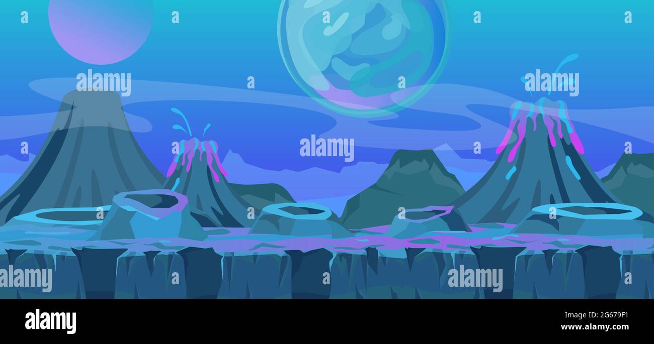 Illustration vectorielle d'un paysage extraterrestre magnifique et fantastique. Cool un autre fond de monde pour la conception de jeu, planète extraterrestre dans les couleurs bleues dans le dessin animé plat Illustration de Vecteur