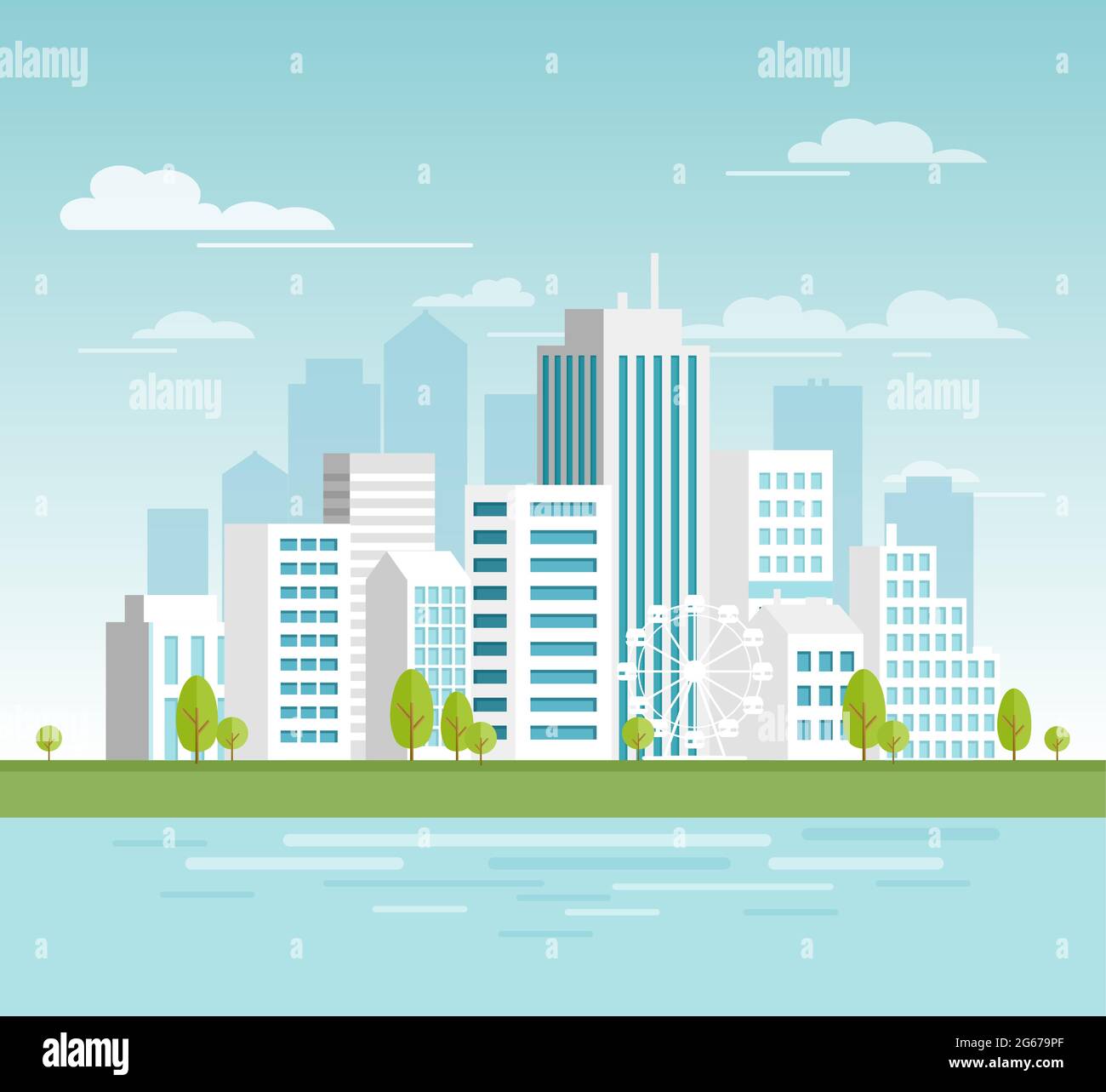 Illustration vectorielle d'un paysage urbain moderne avec gratte-ciels blancs, ville écologique avec de grands bâtiments modernes pour votre conception, bannières. Ville à plat Illustration de Vecteur