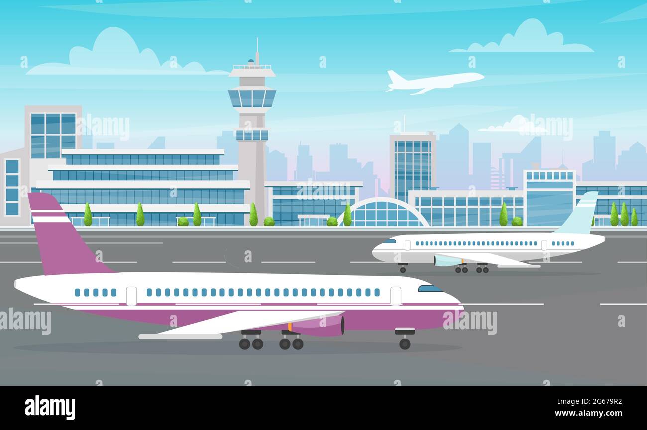 Illustration du terminal de l'aéroport avec un grand avion et un avion qui s'envole sur un fond de ville moderne. Style dessin animé plat. Illustration de Vecteur