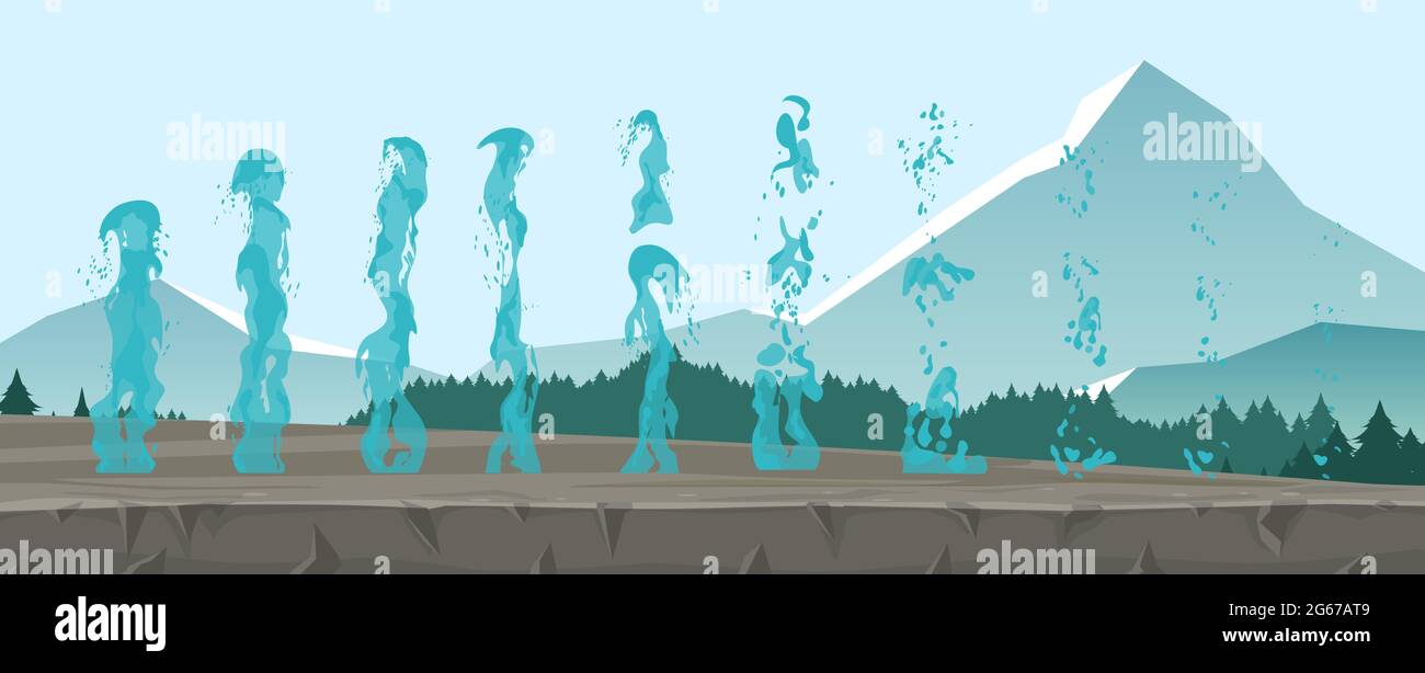 Ensemble d'illustrations vectorielles de geysers, de ruisseaux gelés et de jets d'eau isolés sur le fond de montagnes dans le style plat. Illustration de Vecteur