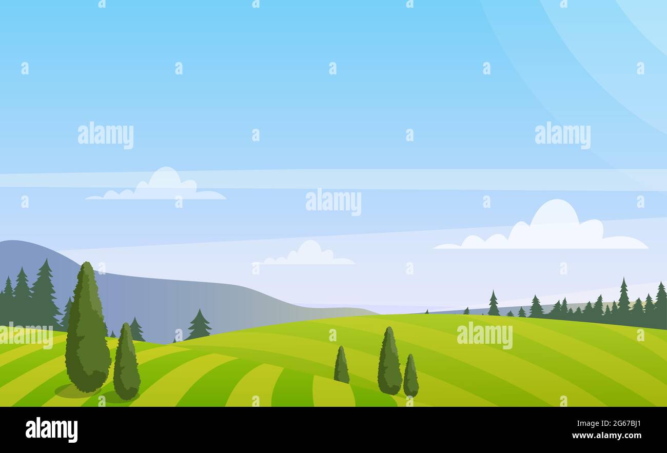 Illustration vectorielle d'un magnifique paysage rural avec des arbres sur le terrain, paysage coloré de campagne d'été dans un style plat. Illustration de Vecteur