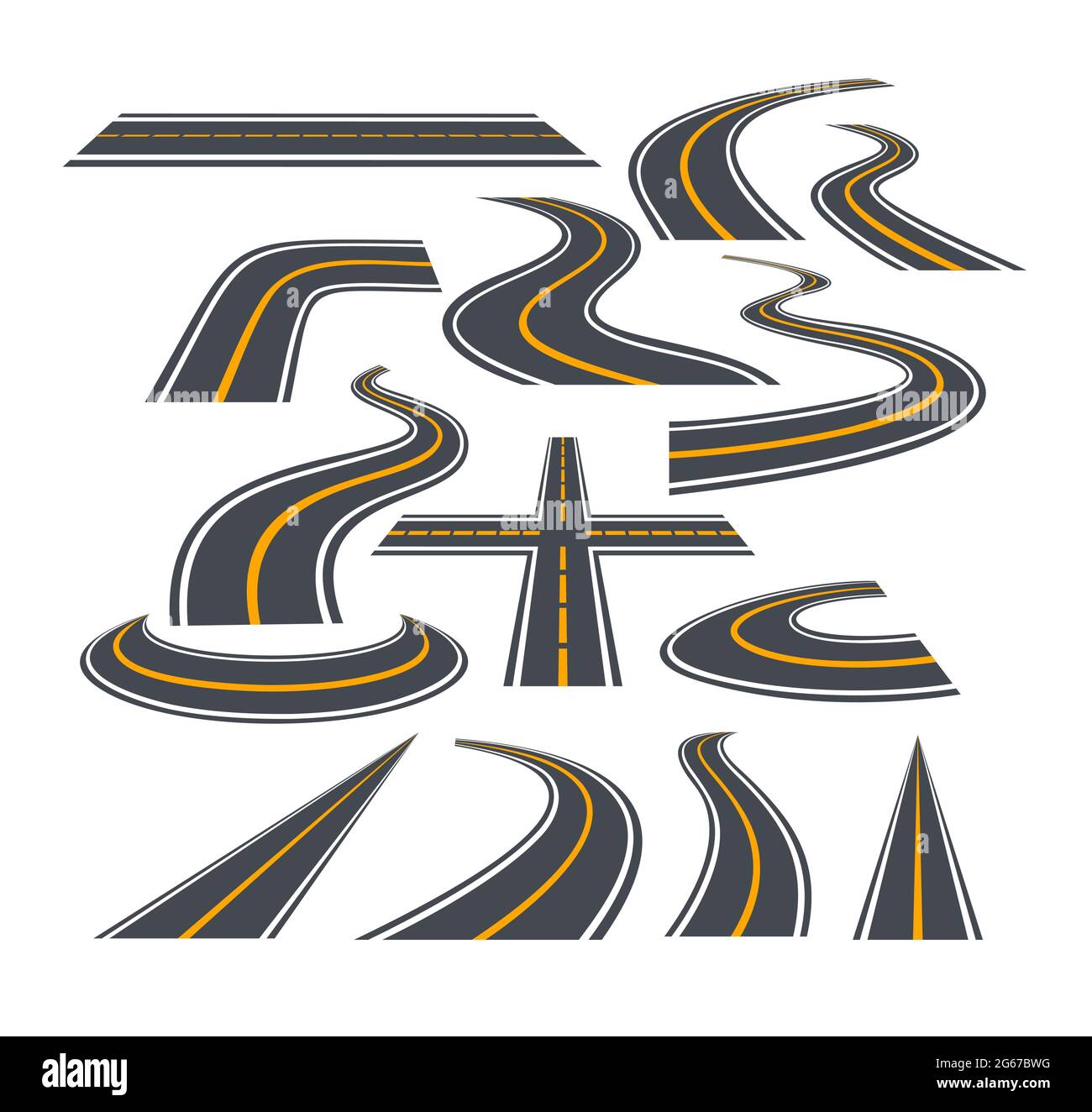 Ensemble d'illustrations vectorielles de routes et d'autoroutes sinueuses isolées sur fond blanc. Illustration de Vecteur