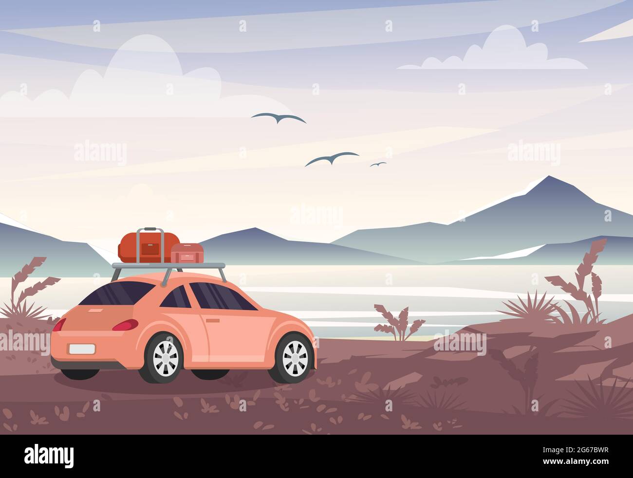 Illustration vectorielle d'une voiture avec des sacs de voyage près du lac et des montagnes. Road trip, concept de vacances dans le style plat. Illustration de Vecteur