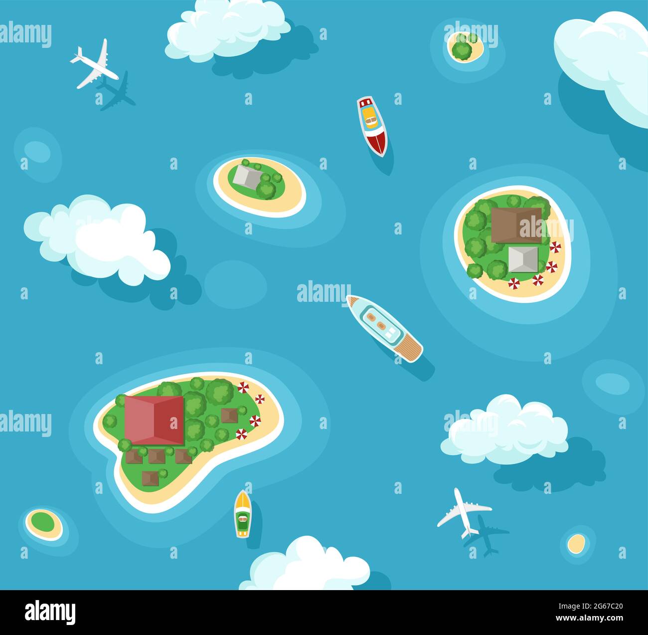 Illustration vectorielle de la vue de dessus des îles avec bateaux et plans. Vacances d'été sur l'océan. Concept de voyage avec yacht, avion, palmiers et nuages à plat Illustration de Vecteur