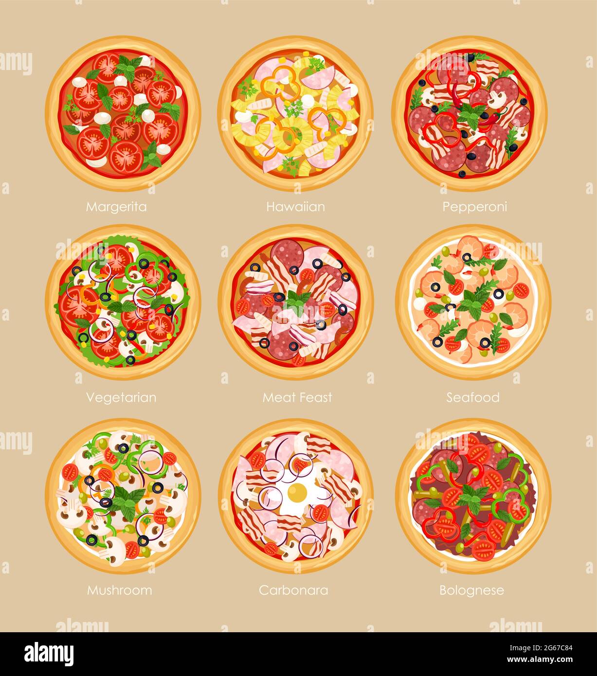 Ensemble de pizzas vectorielles avec différents ingrédients, pizza végétarienne, margarita et fruits de mer. Menu pizza concept plat. Illustration de Vecteur