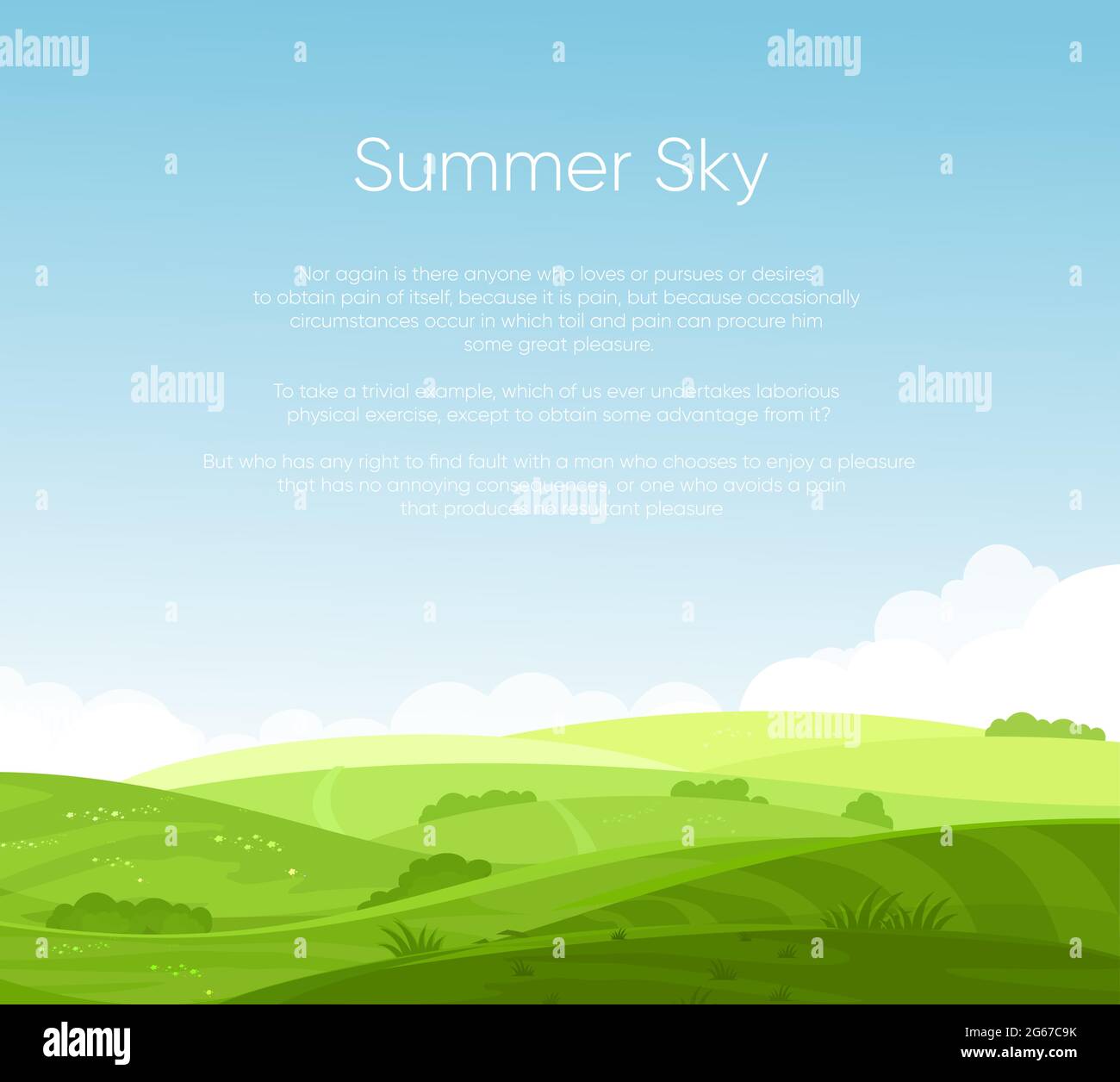 Illustration vectorielle de champs paysage avec une belle aube, collines vertes, ciel bleu de couleur vive avec place pour votre texte, arrière-plan dans une bande dessinée plate Illustration de Vecteur