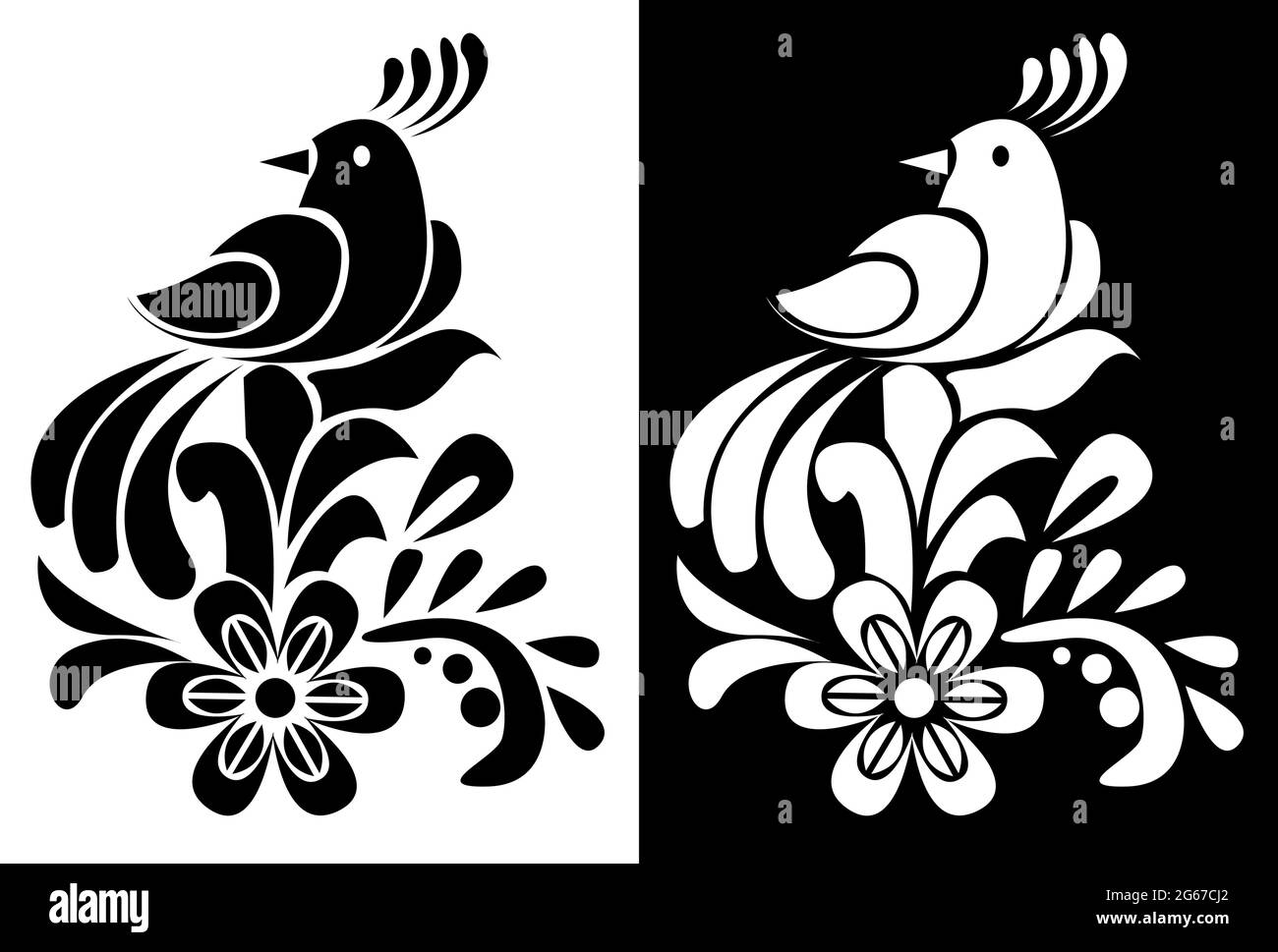 Peacock assis sur une plante de fleur - Vector Scroll SAW, Tattoo, Intarsia ou mur sticker motif en arrière-plan sombre et blanc Illustration de Vecteur