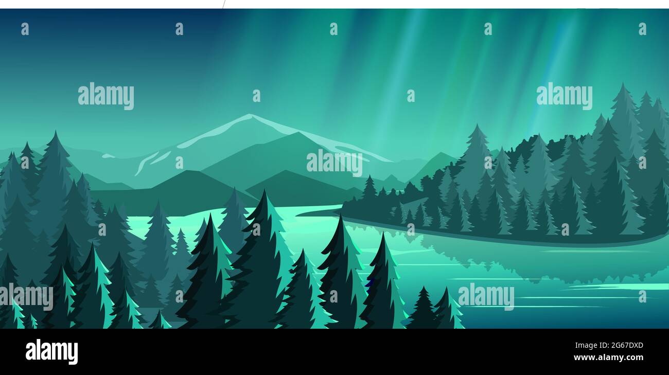 Illustration vectorielle d'une vue magnifique avec forêt, montagnes, lac et ciel bleu d'Aurora avec beaucoup d'étoiles, lumières du nord. Concept de voyage, exploration Illustration de Vecteur