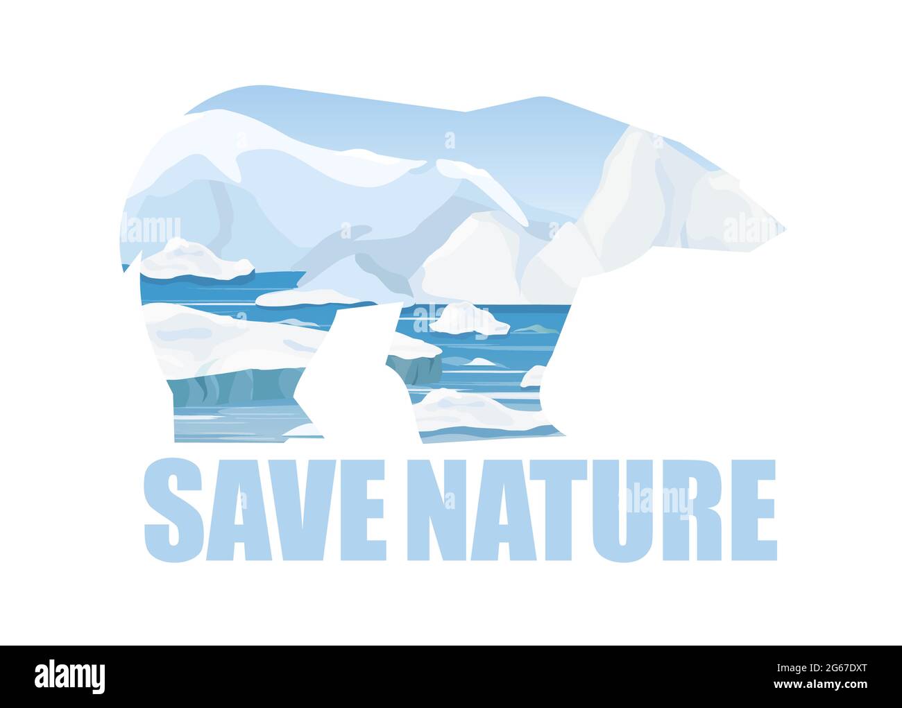 Illustration vectorielle concept de sauvegarde de la nature Arctick. Silhouette d'ours arctique et arrière-plan du paysage arctique avec texte Save nature. Style dessin animé plat Illustration de Vecteur