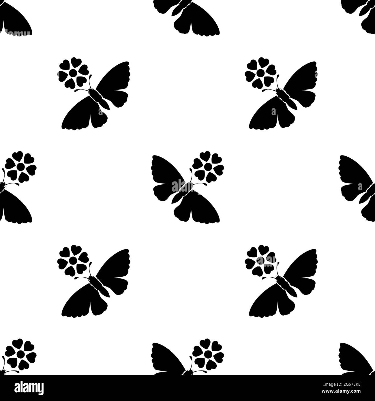 Magnifique papillon noir et blanc avec fleur d'amour isolé sur fond blanc est dans le motif sans couture Illustration de Vecteur