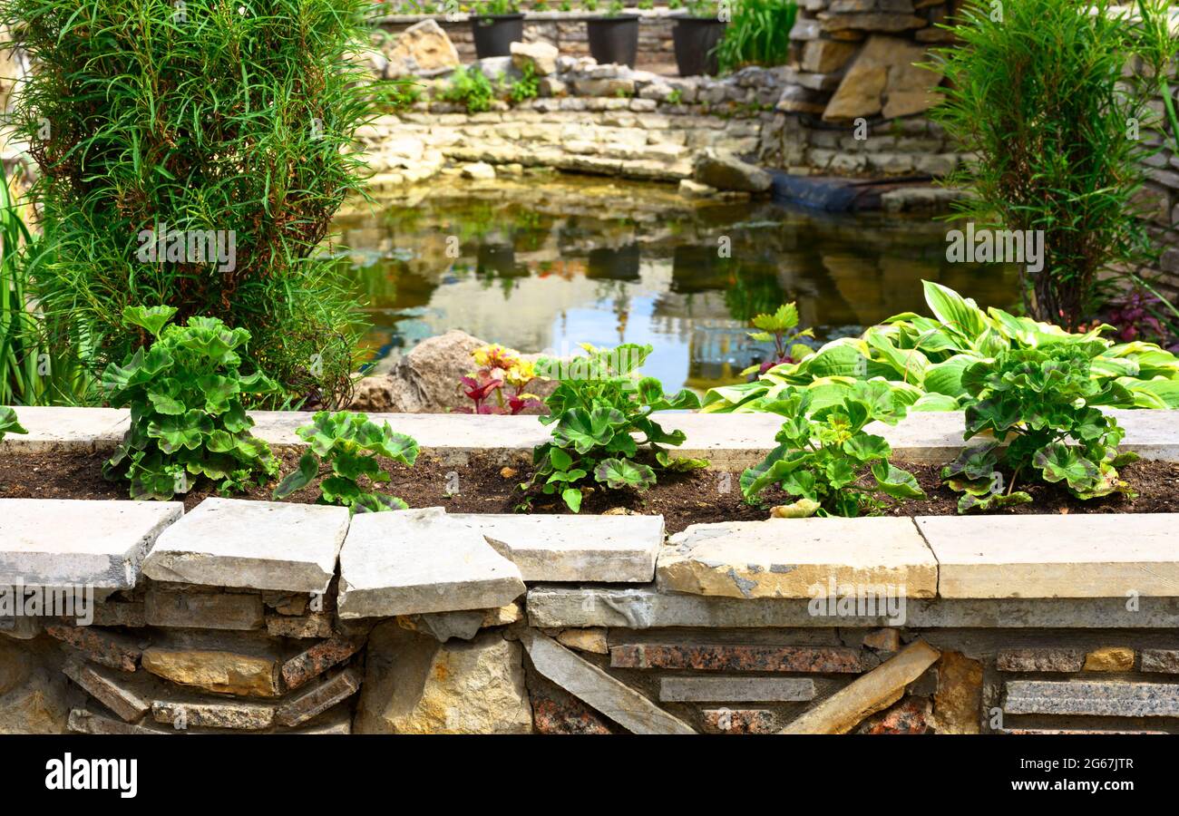Aménagement paysager de beau jardin de maison, aménagement paysager avec murs de soutènement, étang et parterres de fleurs dans l'arrière-cour de maison résidentielle. Magnifique outdo paysagé Banque D'Images