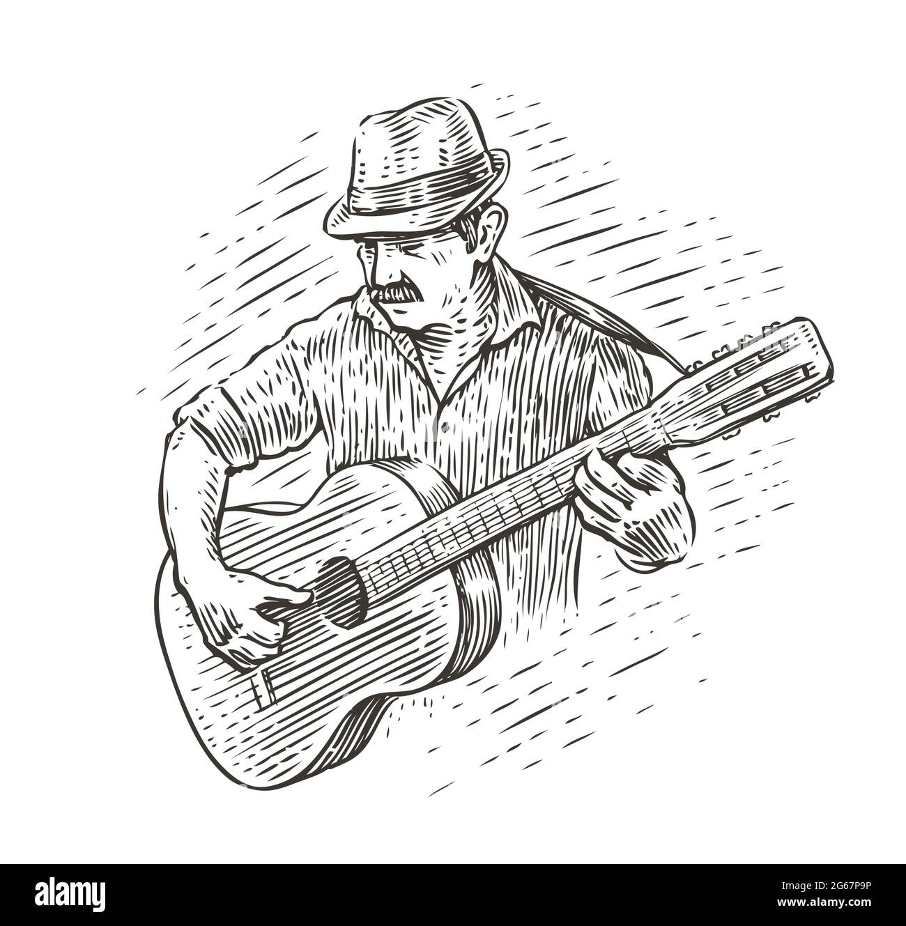 Homme jouant de la guitare acoustique. Concept musical dans un style vintage Illustration de Vecteur