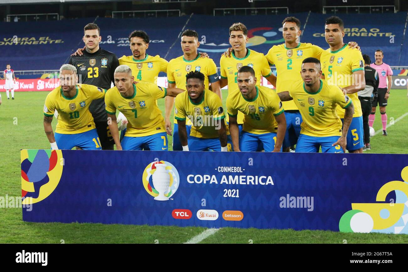 Équipe du Brésil lors du match de football de Copa America 2021, quart de  finale entre le Brésil et le Chili le 3 juillet 2021 au stade olympique de  Rio de Janeiro,