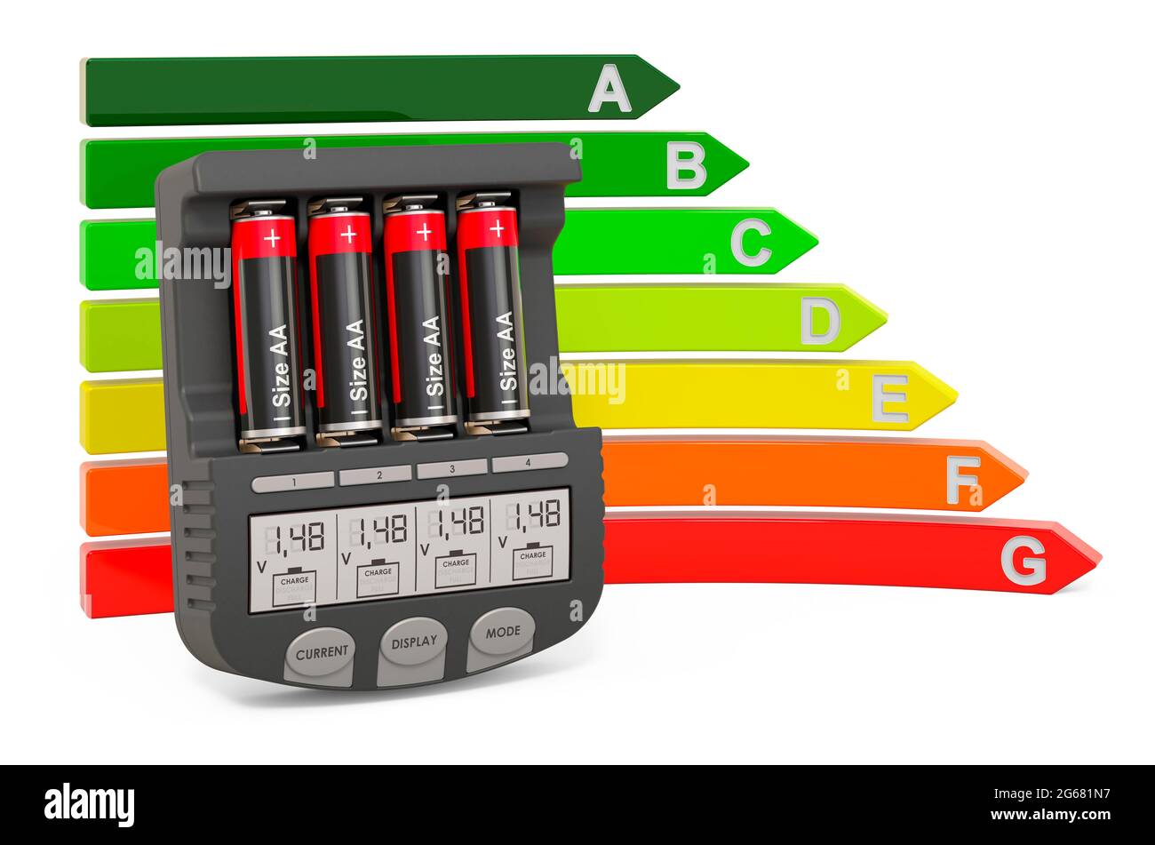 Chargeur de batterie AAA AA intelligent avec tableau d'efficacité énergétique, rendu 3D isolé sur fond blanc Banque D'Images
