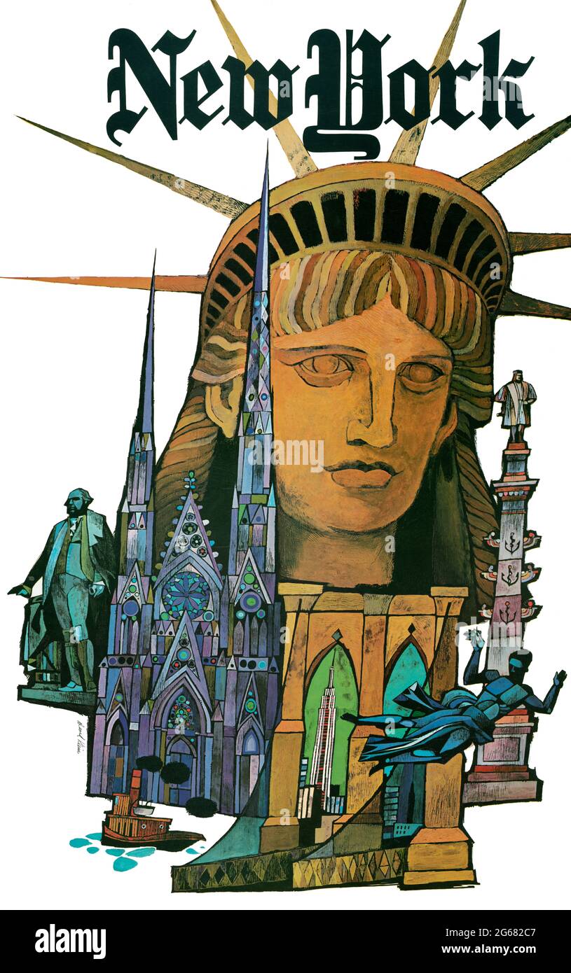 Fly TWA, New York, Statue de la liberté. Affiche de voyage vintage, TWA – Trans World Airlines. David Klein 1955. (Version spéciale, logo TWA supprimé). Banque D'Images