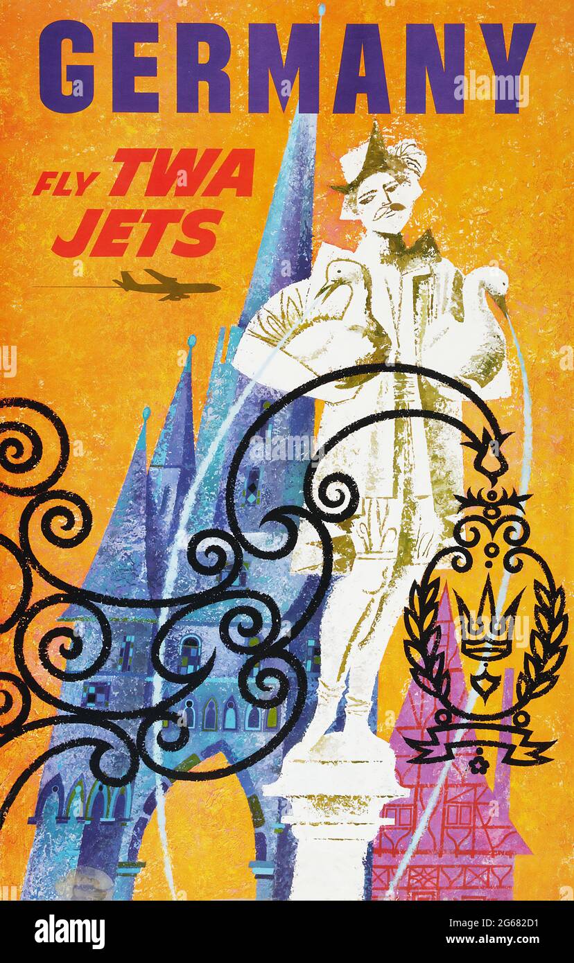 Fly TWA JETS, Allemagne, affiche de voyage d'époque, TWA – Trans World Airlines. Œuvres de David Klein. 1959. Banque D'Images
