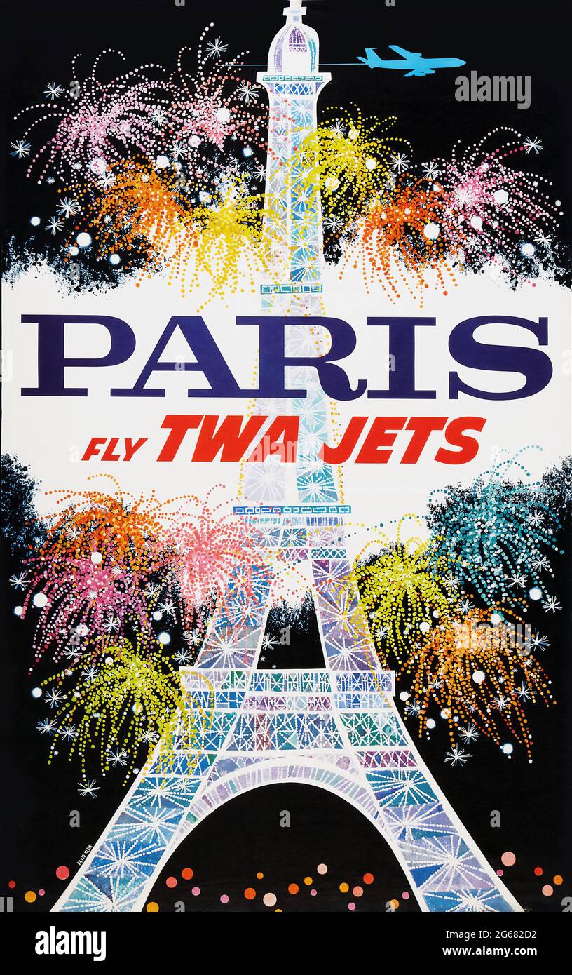 Fly TWA JETS, Paris, Poster de Voyage d'époque, TWA – Trans World Airlines. Œuvres de David Klein. années 1960. Banque D'Images