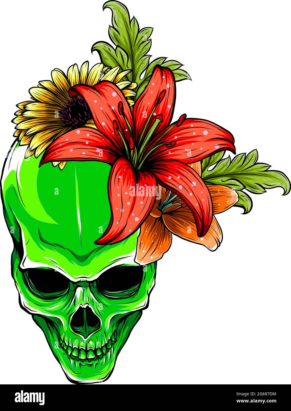 Motif illustration de la tête de mort humaine et des fleurs vectorielles Illustration de Vecteur