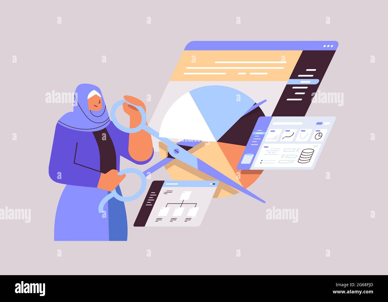 femme d'affaires arabe avec ciseaux créant des graphiques visuels graphiques commerciaux statistiques financières analyse de données concept Illustration de Vecteur