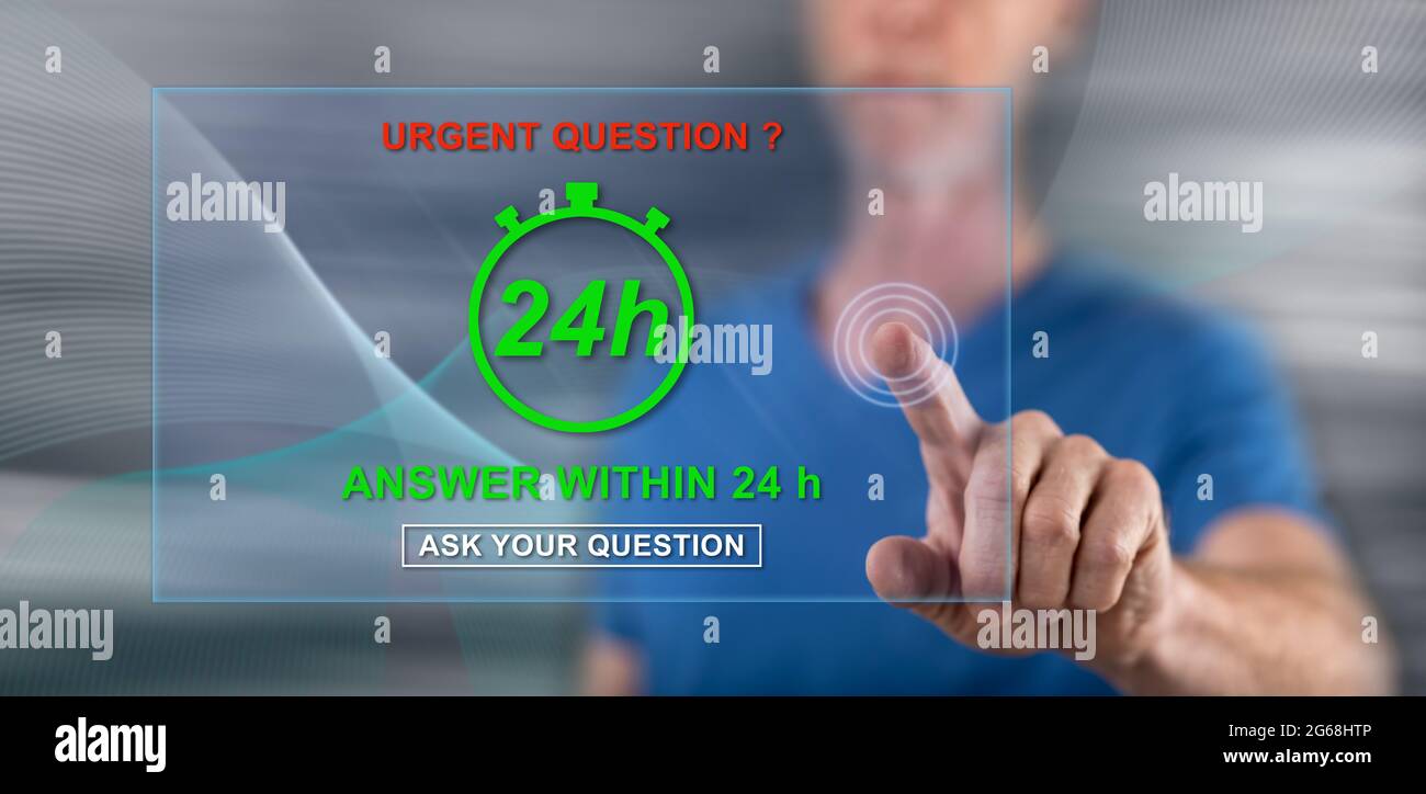 Homme touchant un concept de questions urgentes sur un écran tactile avec son doigt Banque D'Images