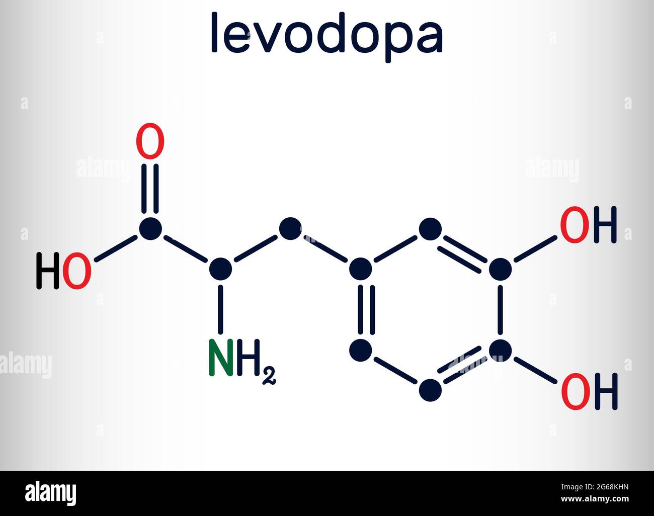 l-DOPA, molécule de lévodopa. C'est un acide aminé, est utilisé pour augmenter les concentrations de dopamine dans le traitement de la maladie de Parkinson. Produit chimique squelettique Illustration de Vecteur