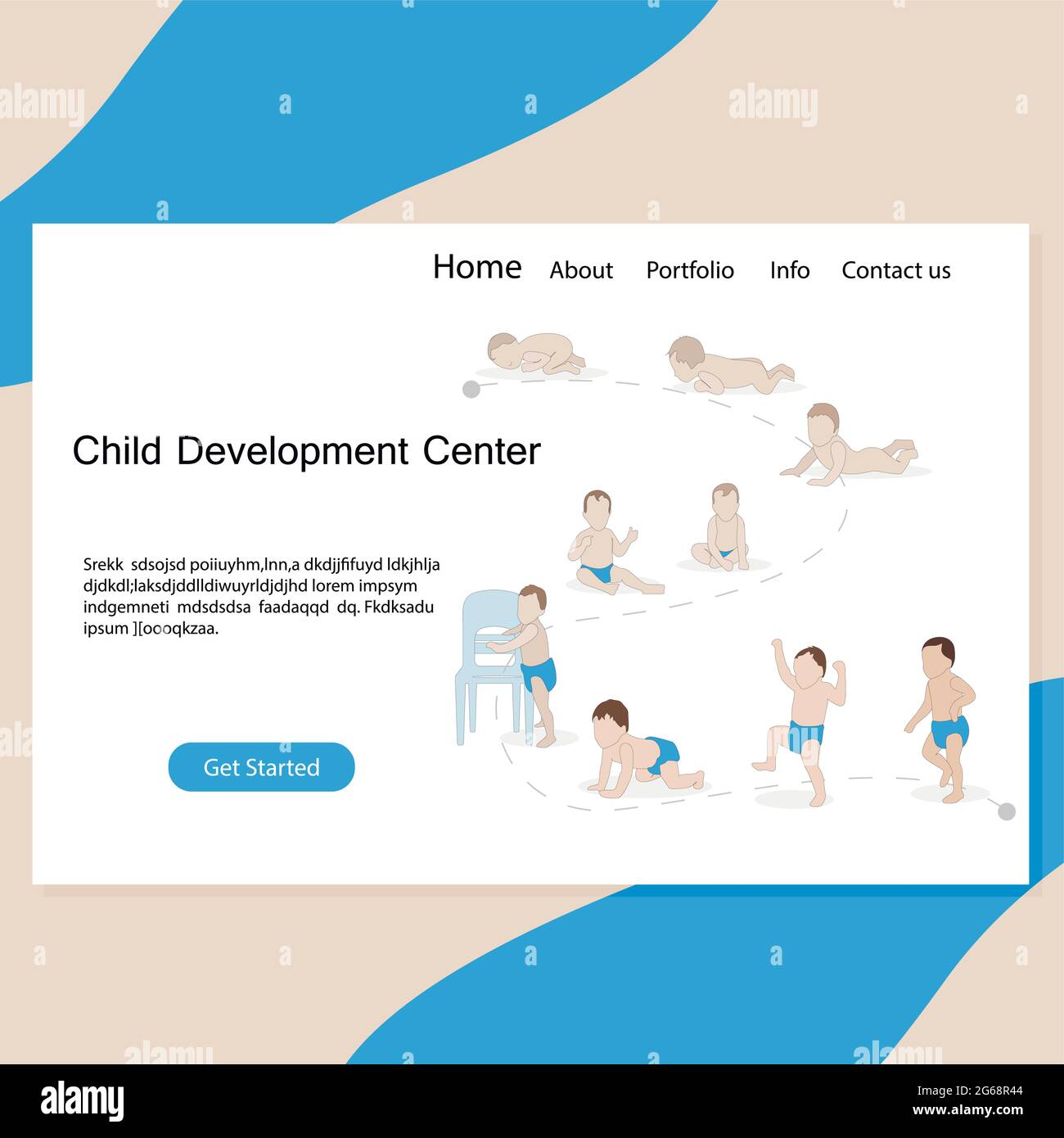 Page du site Web du centre de développement de l'enfant. L'évolution de bébé, de la couche à la marche, le développement de la rampement, l'étape d'apprentissage dans la maternelle Illustration de Vecteur