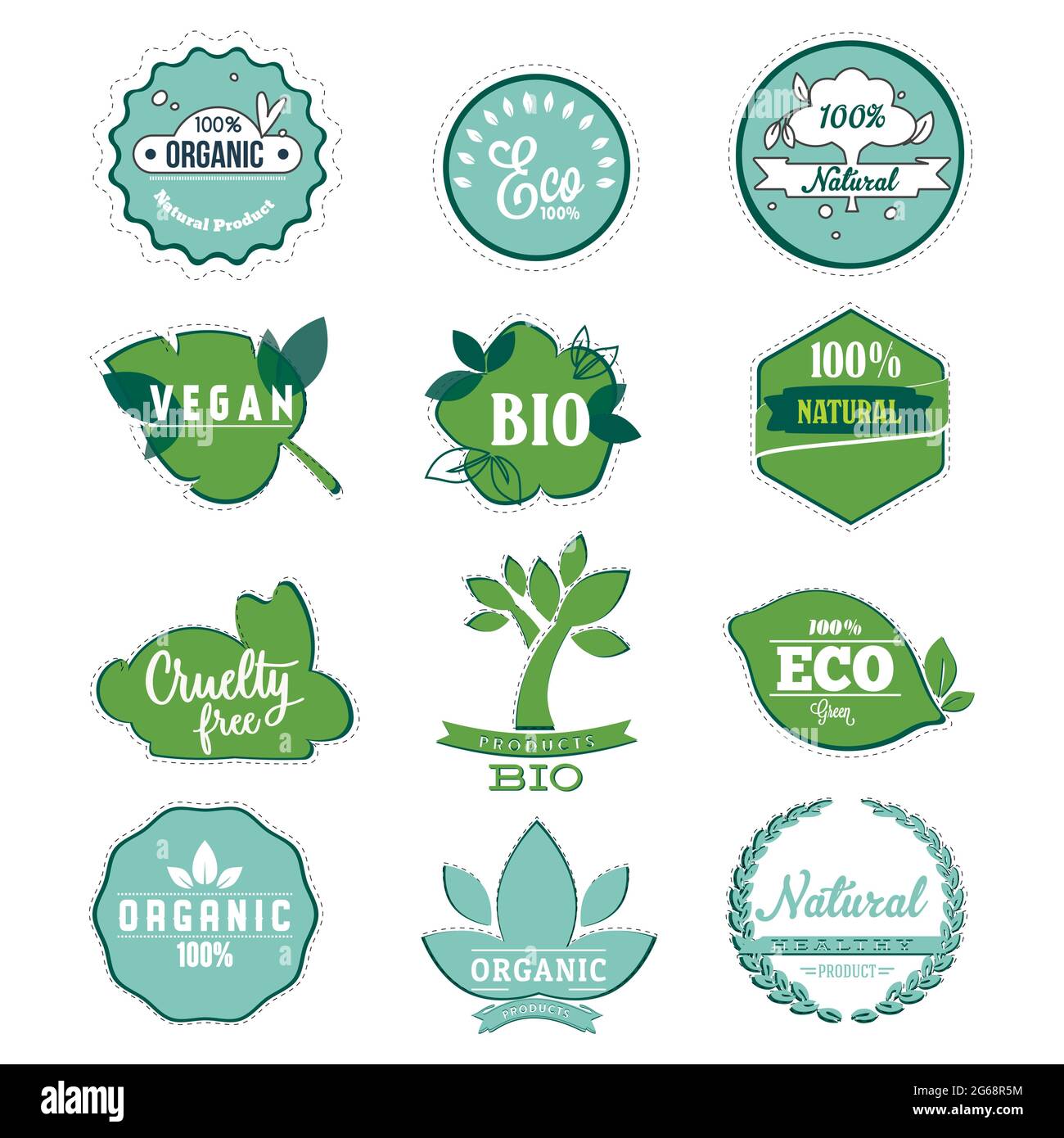 Label bio et éco pour produit biologique, autocollants écologiques pour badge alimentaire, nutrition pour vegan, autocollant de qualité pour produit végétarien, durable ve Illustration de Vecteur