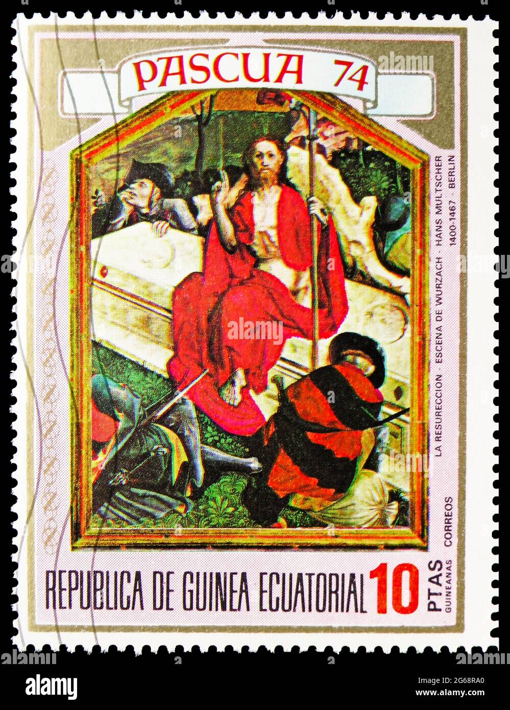 MOSCOU, RUSSIE - 16 DÉCEMBRE 2020: Timbre-poste imprimé en Guinée équatoriale montre Hans Multscher (1400-1467): Résurrection, série de Pâques, 10 Equato Banque D'Images