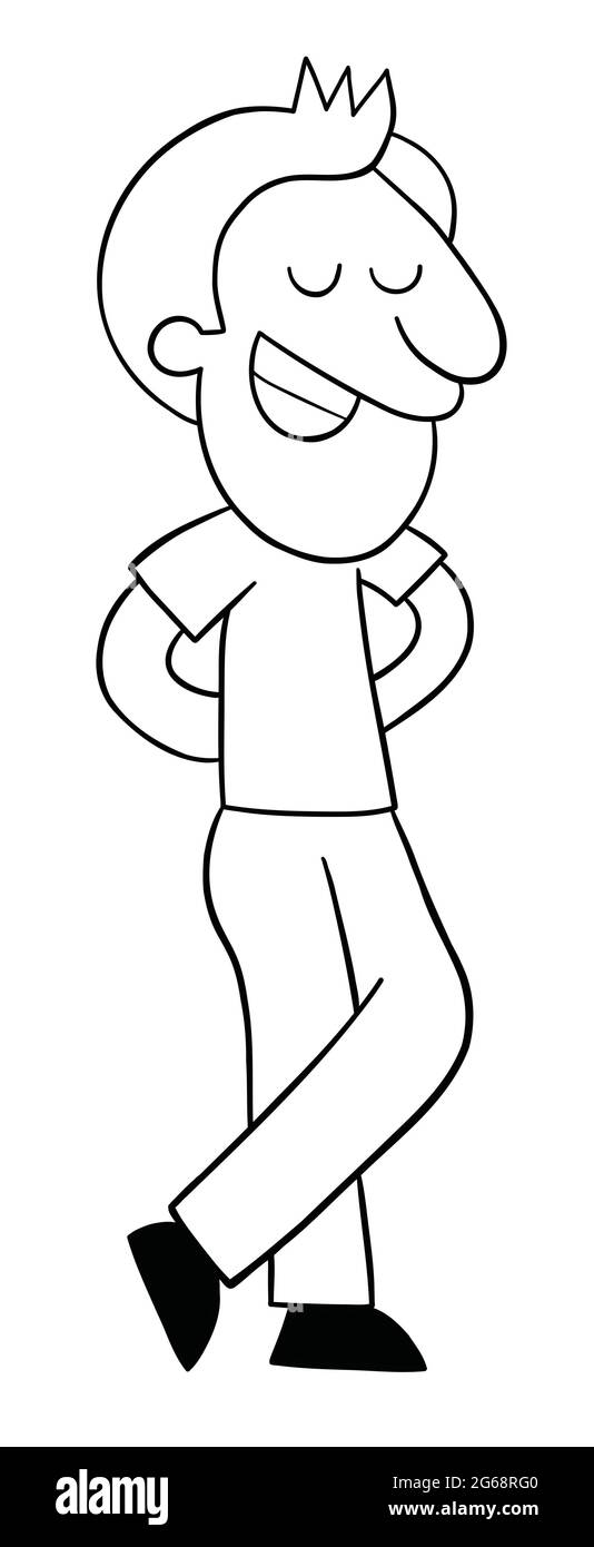 Homme de dessin animé debout, yeux fermés et heureux, illustration vectorielle. Contour noir et couleur blanche. Illustration de Vecteur