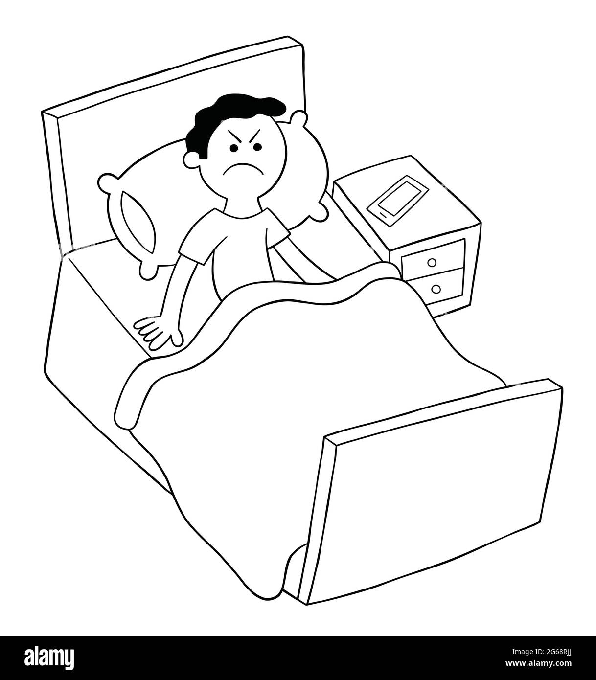 Homme de dessin animé est dans le lit mais en colère, ne peut pas dormir,  illustration vectorielle. Contour noir et couleur blanche Image Vectorielle  Stock - Alamy