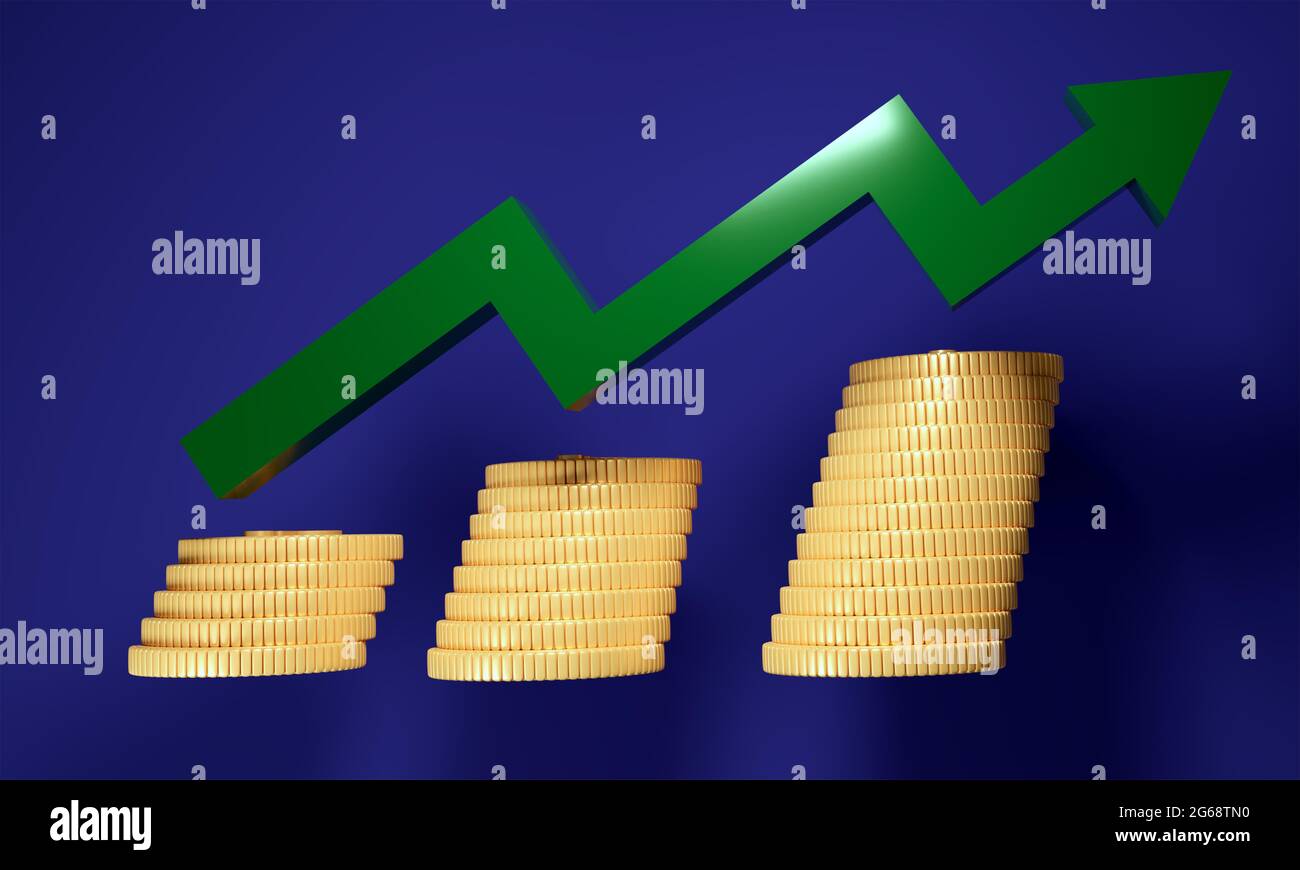 Médailles abstraites empilées arrière-plan bleu isolé il y a un graphique montrant les objectifs de croissance atteints. Rendu économique, financier et d'investissement 3d. Banque D'Images