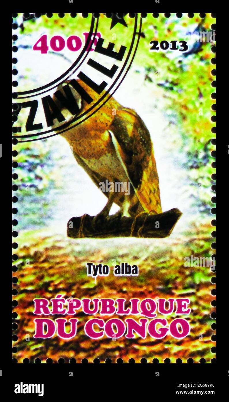 MOSCOU, RUSSIE - 28 MARS 2020: Timbre-poste imprimé au Congo montre Tyto alba, série Owls, vers 2013 Banque D'Images MOSCOU, RUSSIE - 28 MARS 2020: Timbre-poste imprimé au Congo montre Tyto alba, série Owls, vers 2013 Banque D'Images