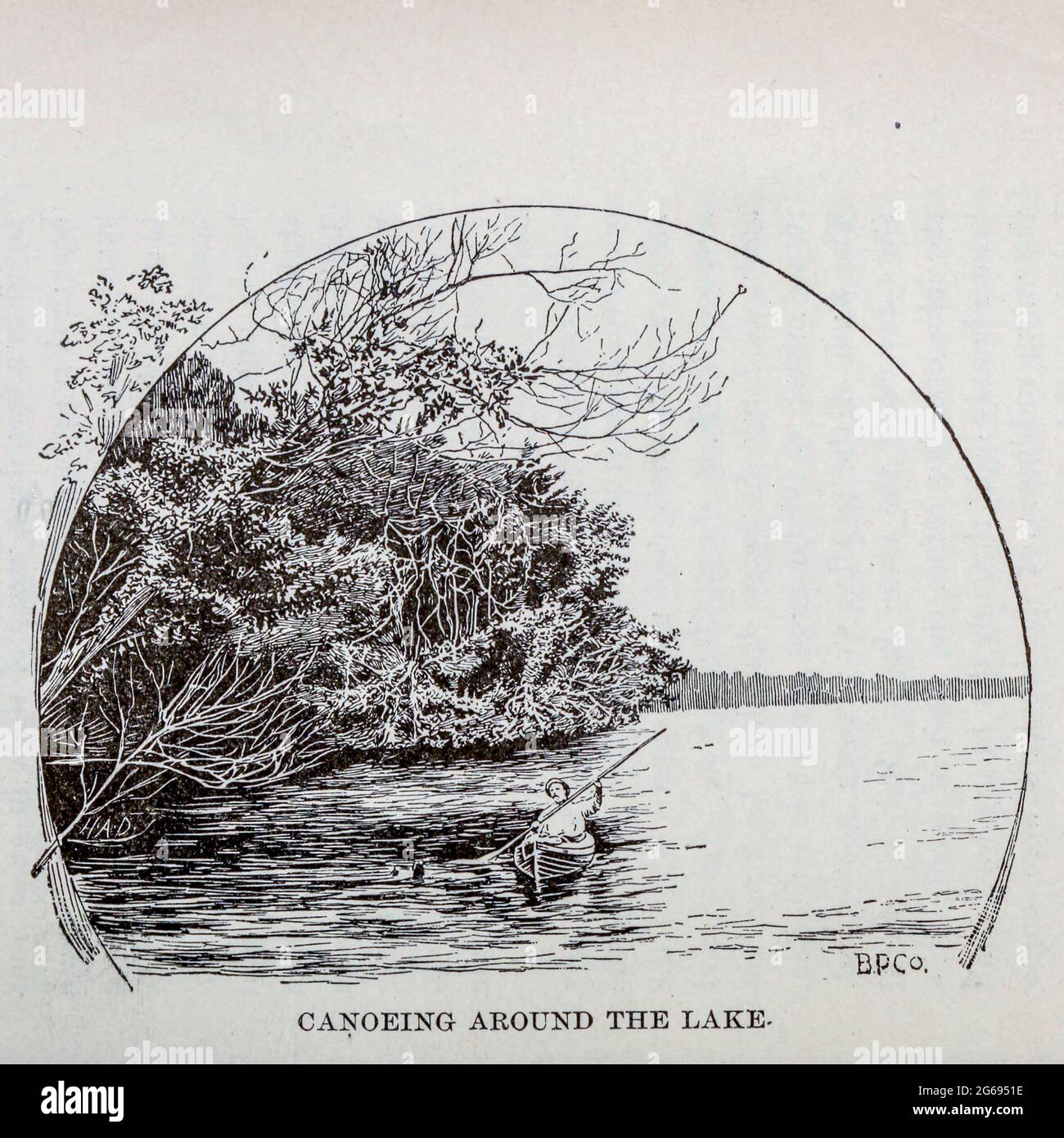 Canoë autour du lac tiré du livre « Athlétisme et sport de l'homme » de John Boyle O'Reilly, 1844-1890 publié à Boston, par la société d'édition Pilot en 1890. DÉDIÉ À CEUX QUI CROIENT QU'UN AMOUR POUR LE SPORT INNOCENT, L'EXERCICE LUDIQUE. ET LA JOUISSANCE DE LA NATURE, EST UNE BÉNÉDICTION DESTINÉE NON SEULEMENT POUR LES ANNÉES DE BOYHOTTE, MAIS POUR TOUTE LA VIE D'UN HOMME Banque D'Images