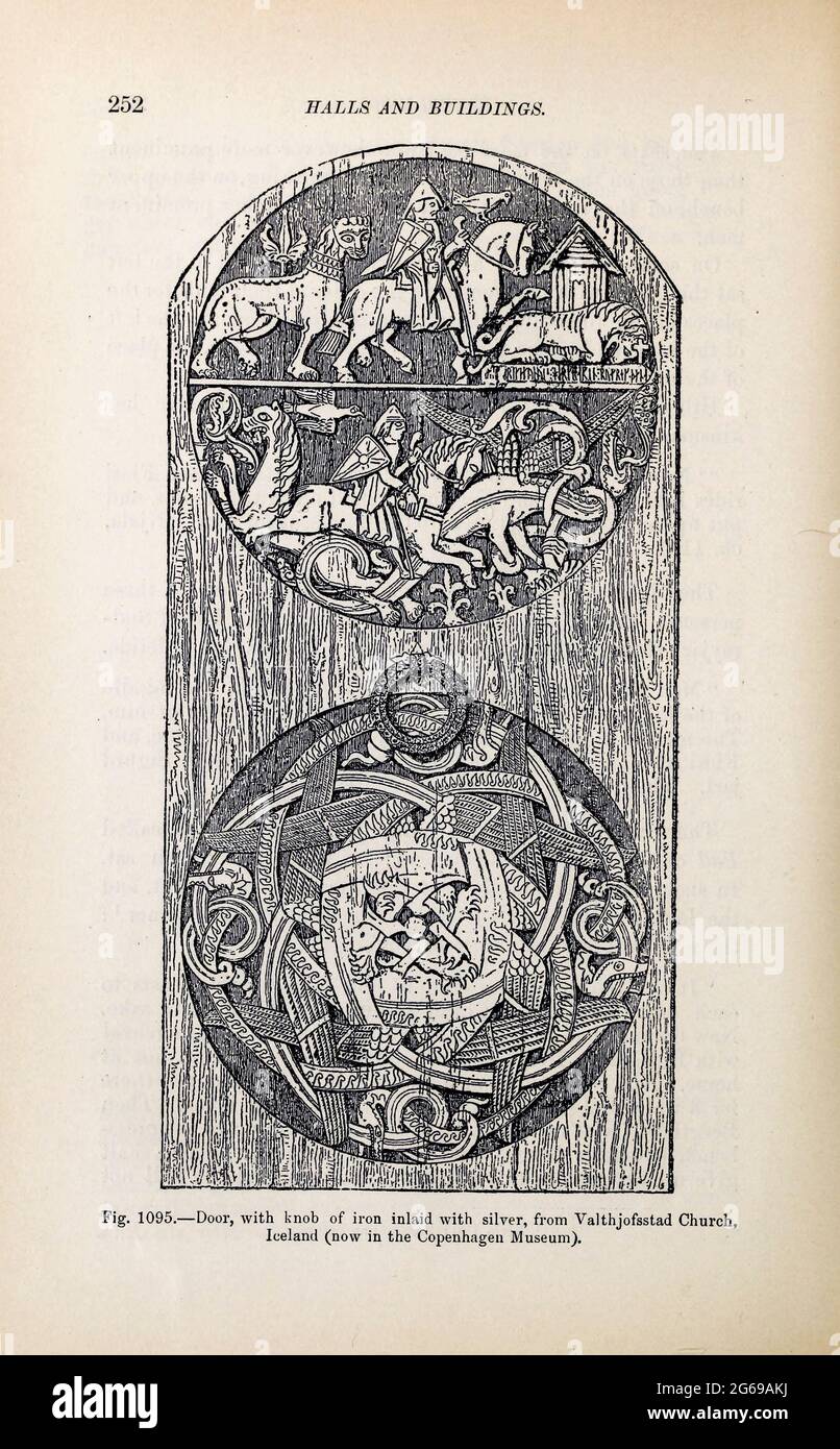 L'architecture Viking a décoré des salles et des portes sculptées dans le livre « The viking Age: The Early History, Manners, and Customs of the ancêtres of the English-Speaking nations » Volume 2 par du Chaillu, Paul B. (Paul Belloni), publié à New York par les fils de C. Scribner en 1890 Banque D'Images