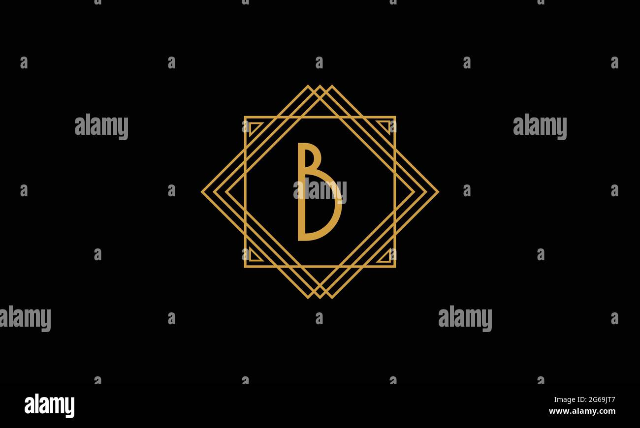 Lettre B art déco logo minimaliste de couleur or isolé sur fond noir avec cadre carré Illustration de Vecteur