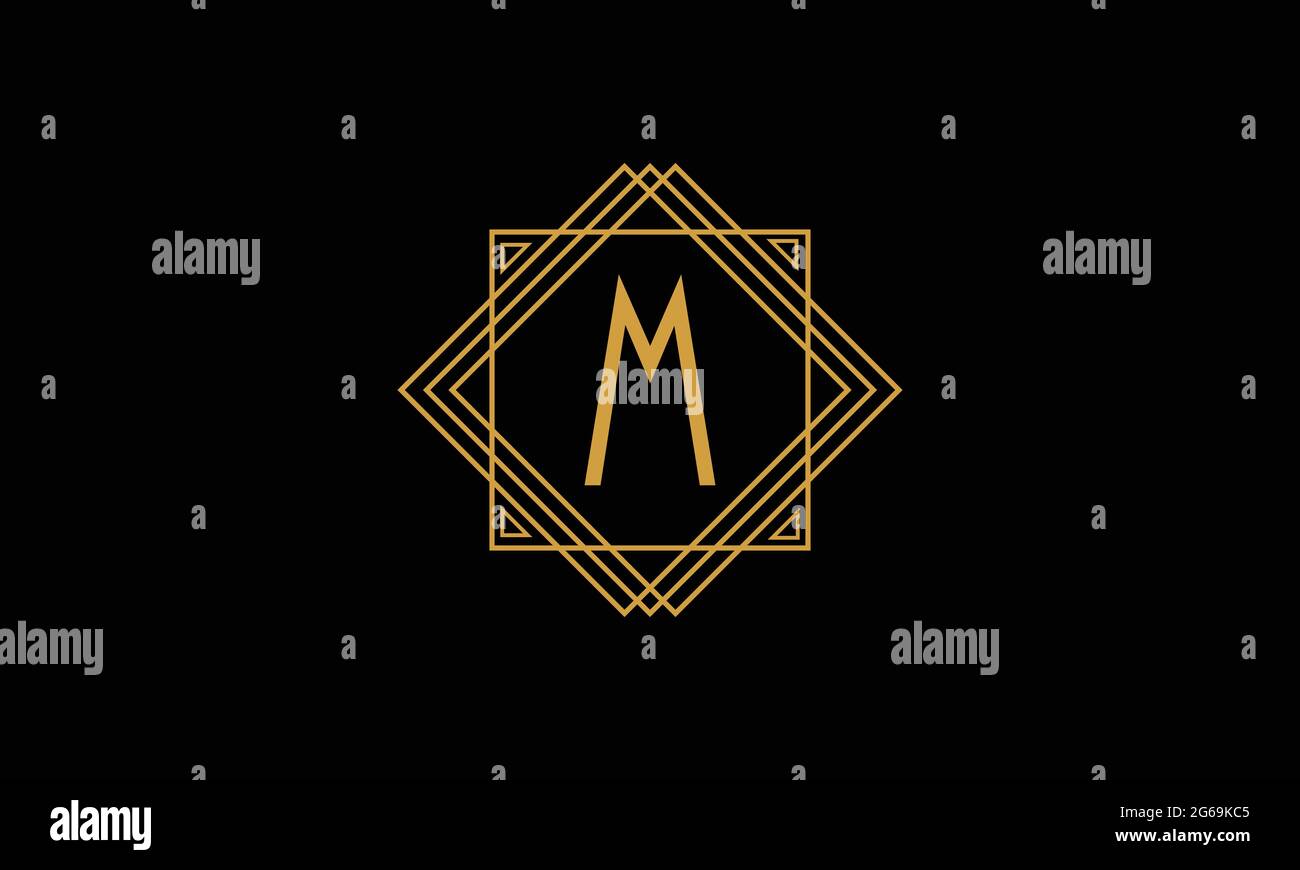 Lettre M art deco minimalstic logo en or isolé dans fond noir avec cadre carré Illustration de Vecteur